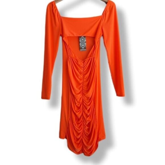 BOOHOO Cut-out Ruched Long Sleeve Mini Dress Orange Sz 8 Flawed - Picture 2 of 14